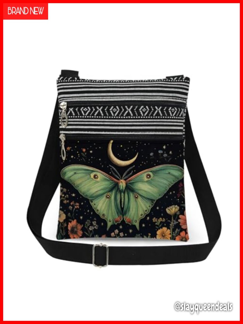 Moth Crossbody Bag Polyester Adjustable Strap Double Zipper Sling Purse